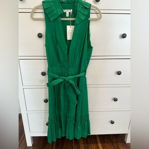 Nordstrom 1901 Green Tie Dress with Ruffle Neck. Cotton Poplin. Size 12.
